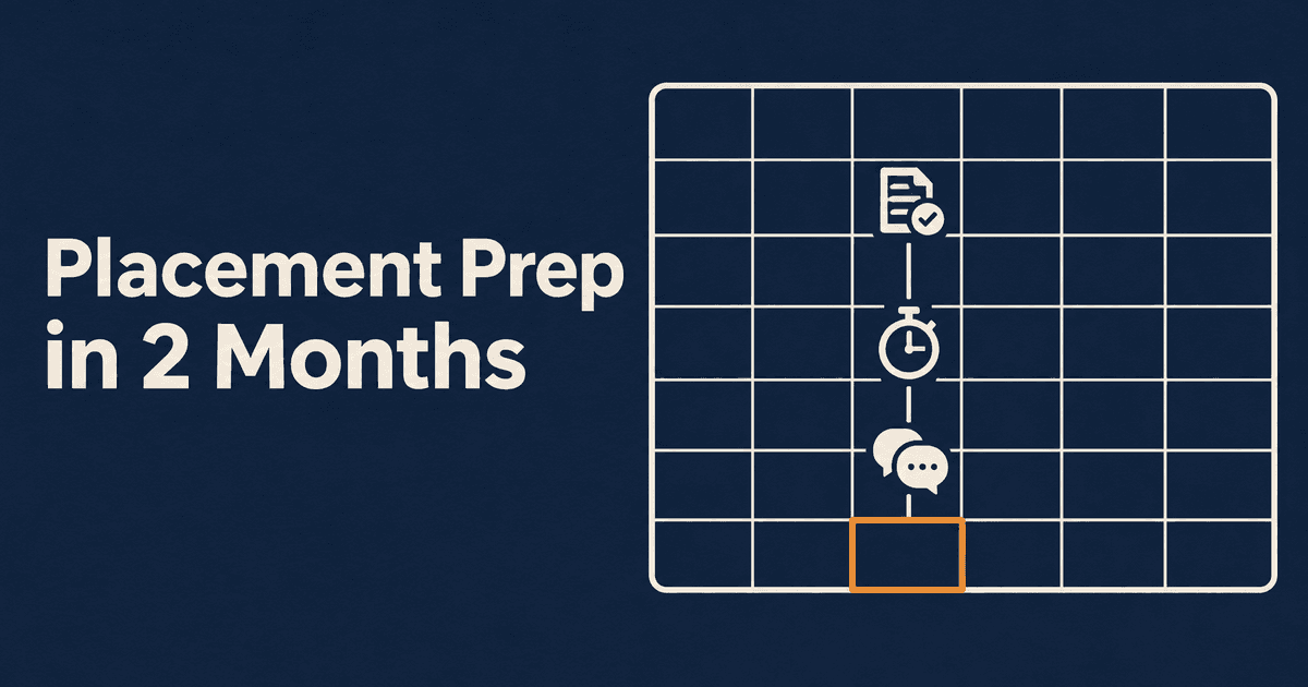A week-by-week calendar with resume, timed-test and mock-interview icons leading to the first interview day