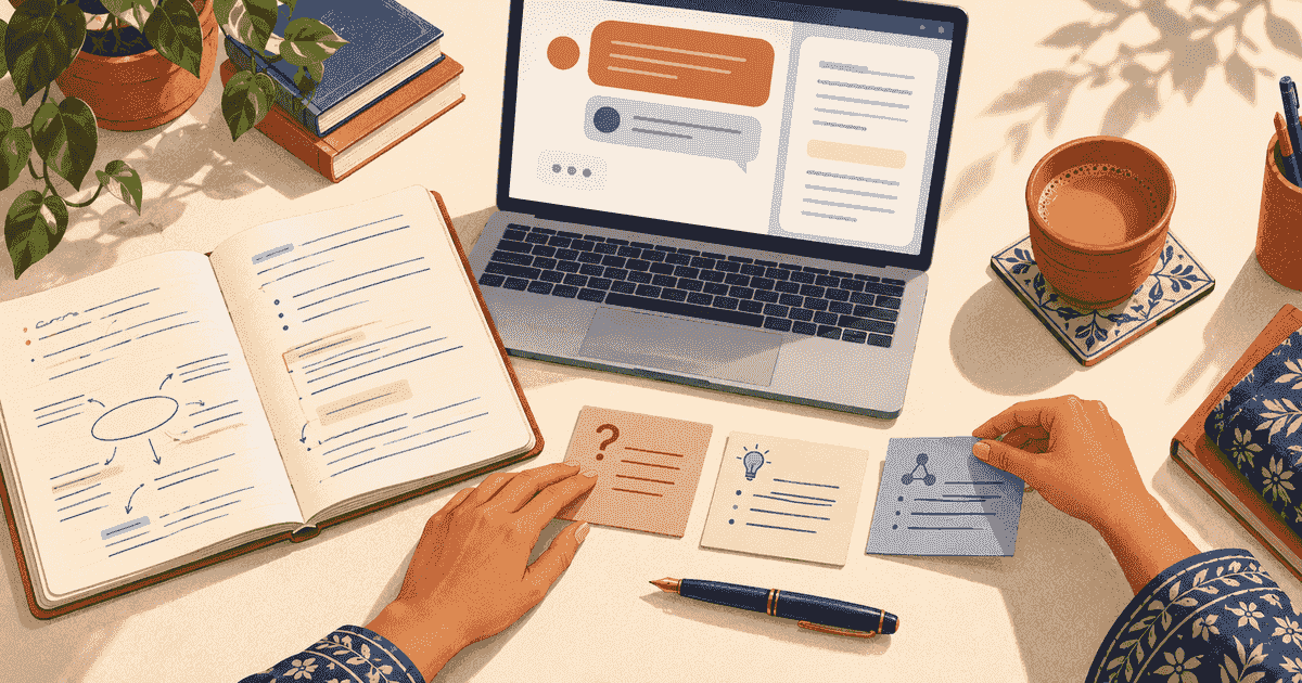 Hands arranging study cards beside a laptop and notebook on a college desk